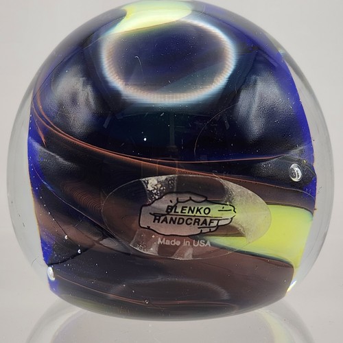 Blenko Glass 2008 Blue Yellow And Red Swirl Paperweight - Picture 4 of 7