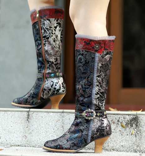 Womens manual Floral Splicing Palace style printing zipper Knee-High Boots shoes - Picture 4 of 10