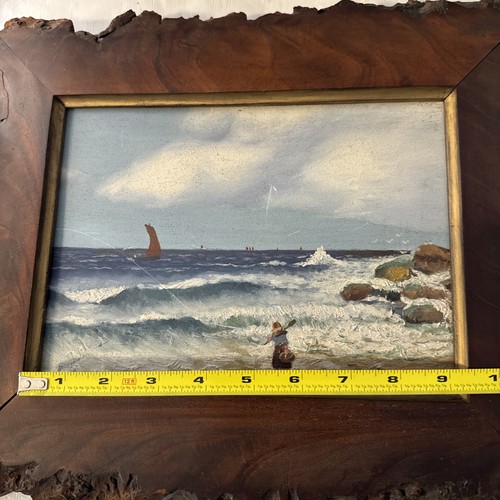 Antique Seascape Oil Painting With Live Edge Wood Frame & Fisk Boy Backing - Picture 9 of 15