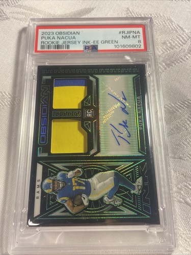 2023 Panini Obsidian Rookie Jersey Ink EE Green RPA Puka Nacua RC /25 PSA 8 Rams - Picture 1 of 4