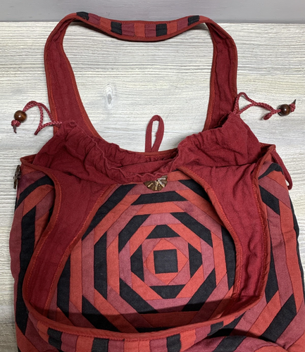 Shoulder Bag Womens Boho Quilted Patchwork Hobo Red Black Drawstring Wood Button - Picture 4 of 10