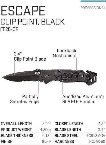 SOG FF25-CP Escape Folding Rescue Knife 3.4" Black Combo Blade - Picture 2 of 5