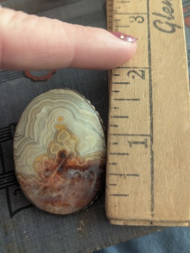 VTG Brooch Lace Agate Cabochon Sterling Silver Southwest Art Wrapped Stone Pin - Picture 3 of 23