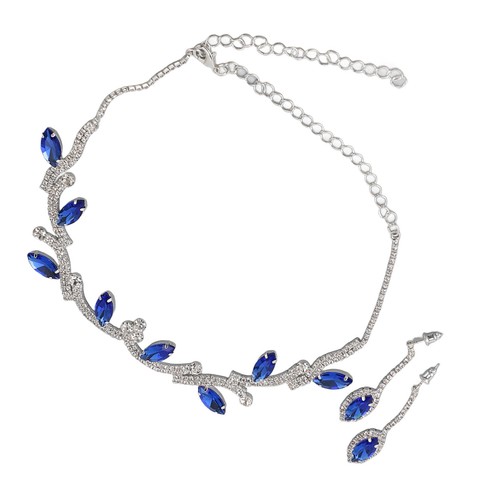 (Sapphire Blue White K)Bridal Earrings And Necklace Set Shiny And Exquisite - Photo 11/12