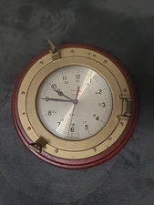 Vintage 1980s Quartz Nautical Porthole Hanging Clock. Wood And Brass