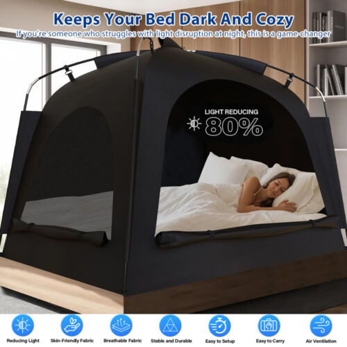 Tienda de campaña con cama doble tamaño completo portátil interior sueño privacidad dormir toldo negro - Imagen 2 de 11