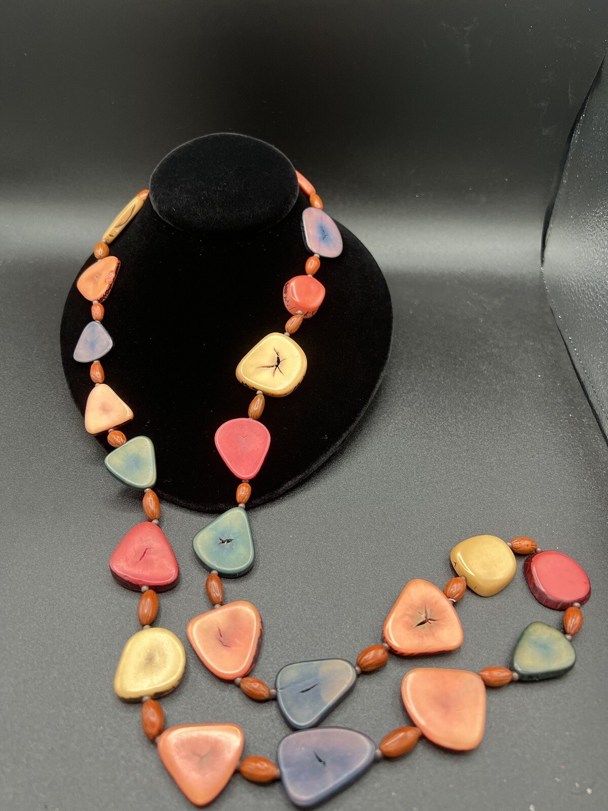 Multi Colored Flat Disc Long Beaded Necklace - image 3