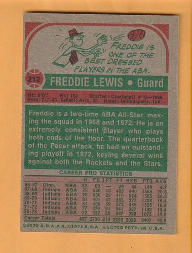 Freddie Lewis Indiana Pacers 1973-74 Topps #212 Arizona State Sun Devils - Bild 2 von 2