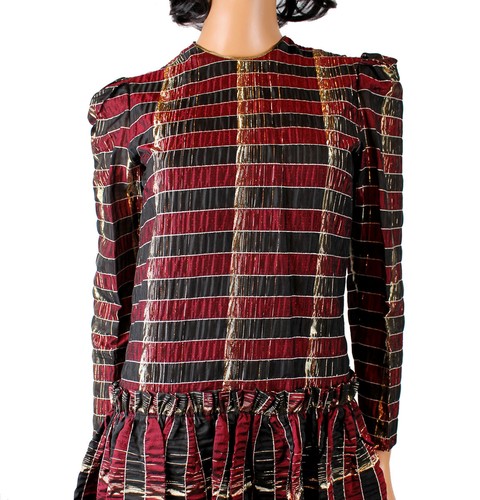 80s Prom Dress Sz 6 S Vintage Black Burgundy Red Metallic Gold Long Sleeve Gown - Picture 2 of 7