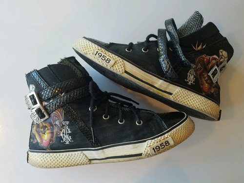 Christian Audigier 1958 Fashion High Top Sneakers black Tattoo Print womens 6 - Picture 3 of 12