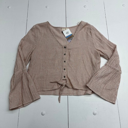 Roxy My Girl Tie Front Long Sleeve Orange Stripe Blouse Women’s Size Large - Picture 1 of 6