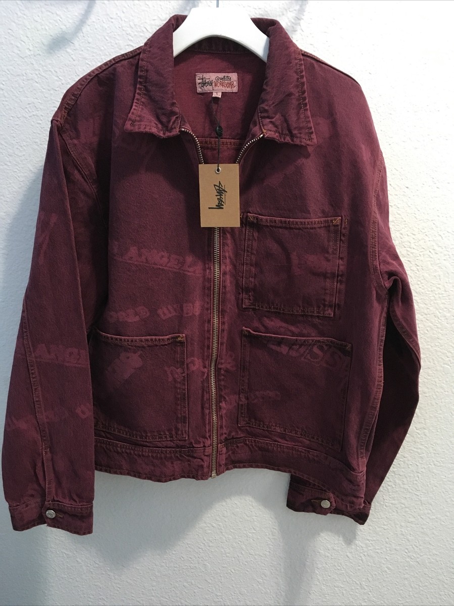 Stussy zip work allover prints LA Mens denim jacket fucshia Stussy zip work allover prints LA Mens denim jacket fucshia