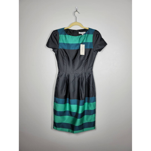 L.K. Bennett Accalia Dress in Peacock 2 A-Line Short Sleeve Teal/Gray Satin NWT - Picture 2 of 6