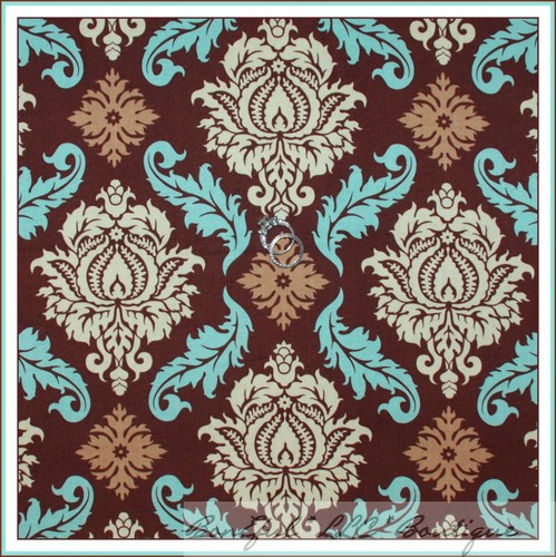 BonEful Fabric FQ Cotton Quilt Brown Teal Blue Cream Damask Flower Leaf Scroll L - Picture 9 of 13