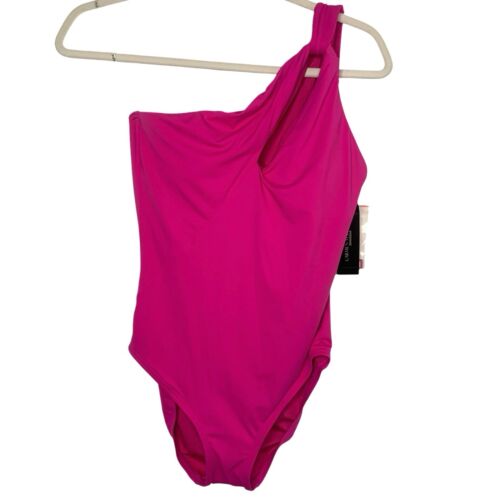 NWT Carmen Marc Valvo Azalea Pink Twisted One Shoulder One Piece Swim Suit Sz 8