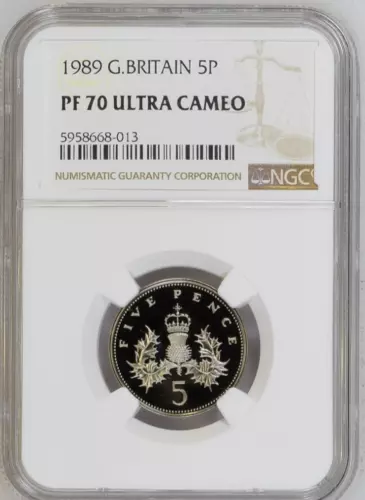 1989 Great Britain QE II, 5 Pence Proof Coin NGC PF70 Ultra Cameo POP Highest