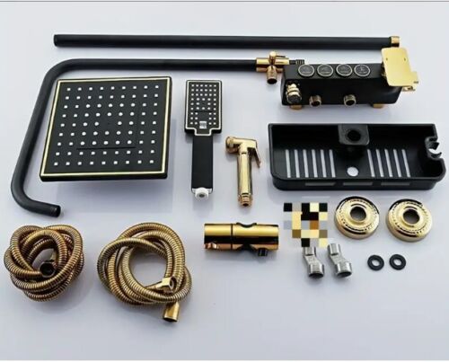 Bathroom Thermostatic Exposed Shower Mixer Large Twin head Square Bar Set Black - Picture 16 of 17