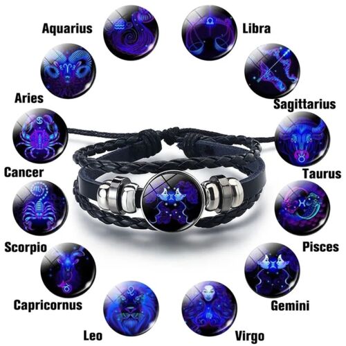 Leather Bracelet Bangle For Men Woman with Signs of the Zodiac Astrology Luminou - Picture 31 of 32