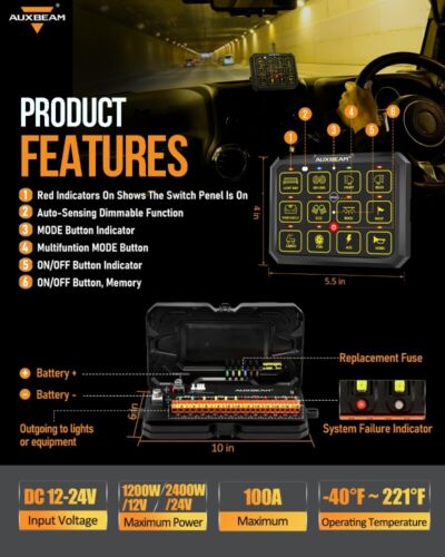 AUXBEAM AC-1200 12 RGB Switch Panel APP & Remote Control,Toggle/Momentary/Pulsed - Picture 5 of 12