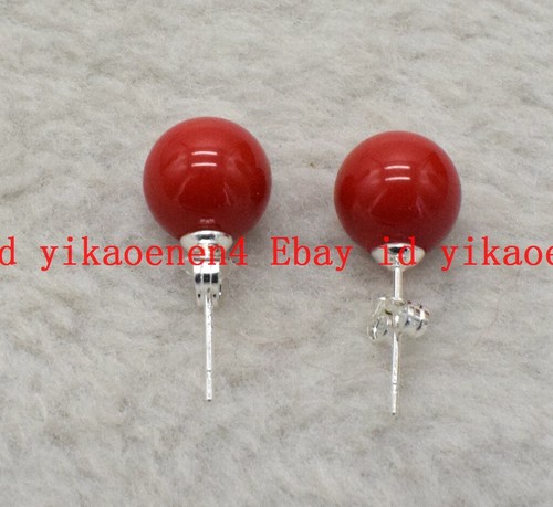 Lady's 10mm Red Coral Round Gemstone Beads 925 Silver Stud Earrings - Picture 3 of 12