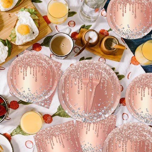 Rose Gold Party Plates and Napkins Set Pink Rose Gold Birthday Party Gold Pla... - Picture 5 of 7