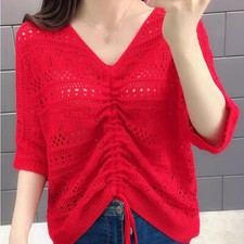 Lady Breathable Knitted Blouse Top T-shirt V-neck Drawstring Pullover Top Casual