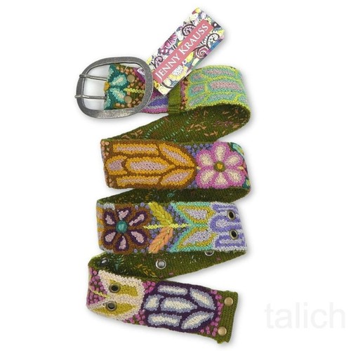 New Jenny Krauss Cute Floral Embroidered Wool Belt In Olive Handmade Peru S M L - Picture 5 of 13