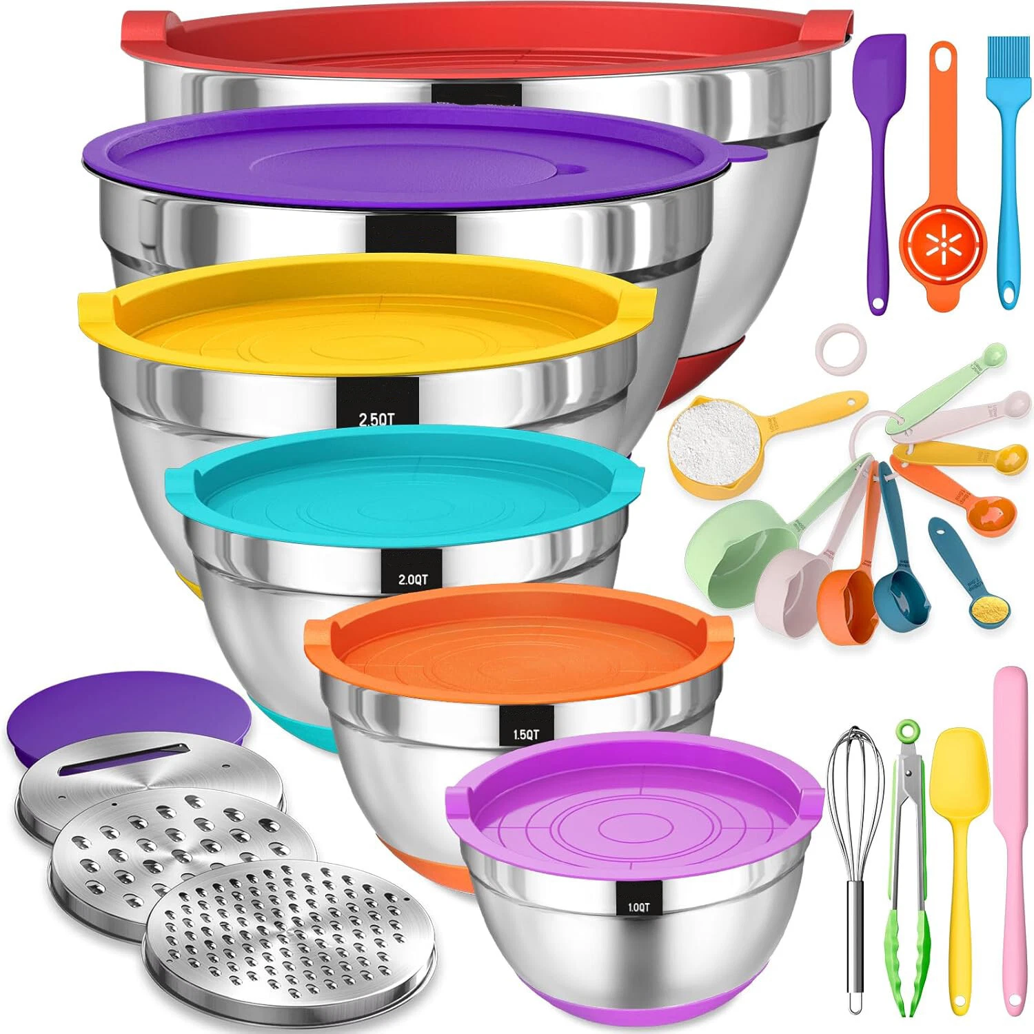 26PCS Colorful Mixing Bowls Stainless Steel with Airtight Lids Bottoms Non-Slip
