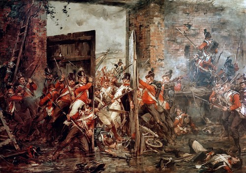 Closing the Gates at Hougoumont Painting by Robert Gibb Reproduction - Picture 1 of 3