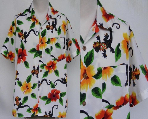 Lizard Gecko Surfer Shirt L Iguana Hawaiian Tropical Floral Beach Vacation 50 - Picture 1 of 5