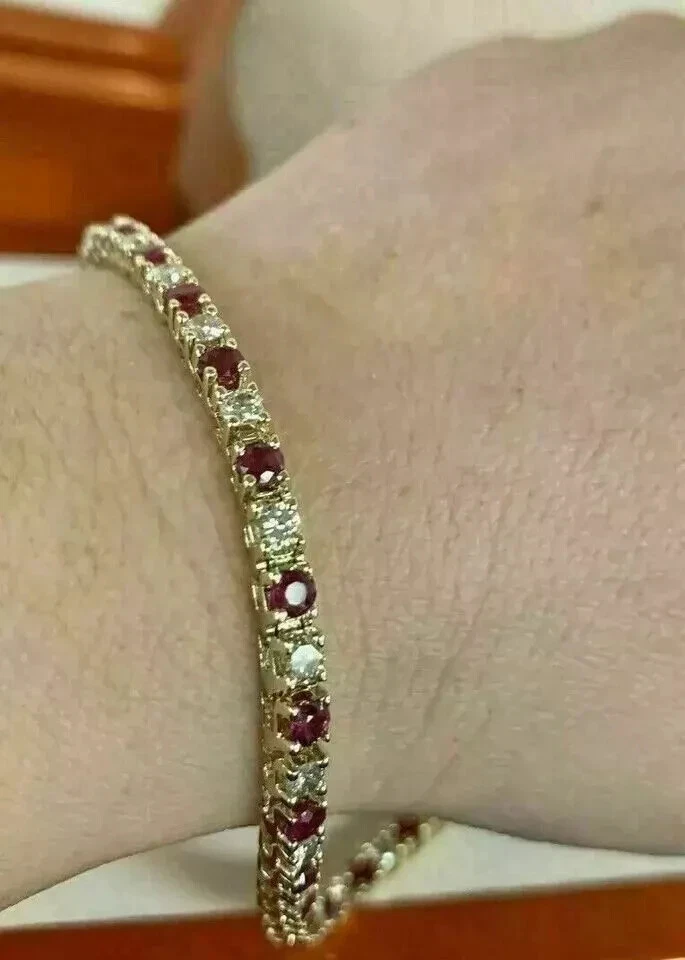 9Ct Lab Created Ruby & Diamond Women 7.5" Tennis Bracelet 14K Yellow Gold Finish - Image 2 of 4
