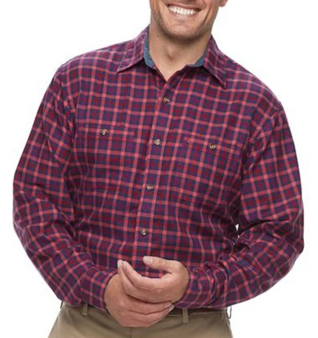 IZOD Mens Classic-Fit Twill Long Sleeve Shirt Biking Red Plaid 2XL 2XLT 4XL