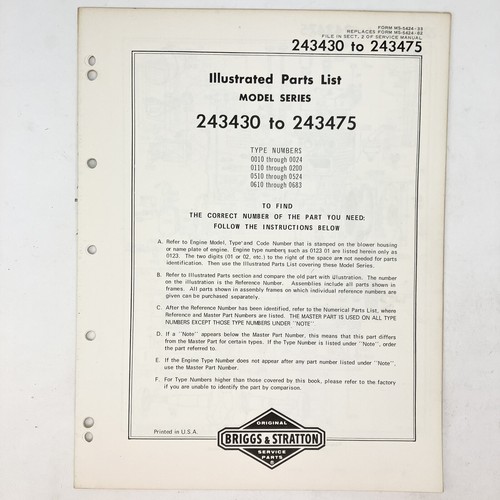 Vtg 1973 Briggs & Stratton 243439-243475 Illustrated Parts List - Picture 1 of 2