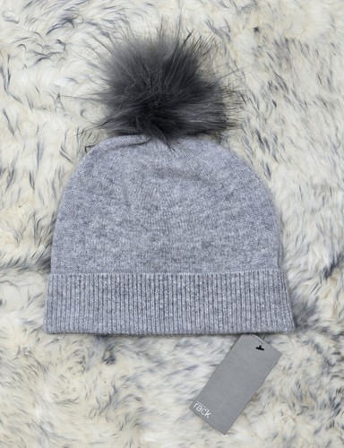 NWT NORDSTROM RACK WOMEN KNIT 100% CASHMERE BEANIE HAT OS FAUX FUR POM-POM GREY