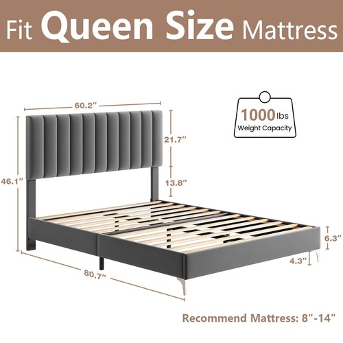 Full/Queen Size Bed Frame Platform with Adjustable Velvet Upholstered Headboard - Picture 18 of 24