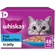 48 x 85g Whiskas 1+ Fish Favourites Mixed Adult Wet Cat Food Pouches in Jelly 3.12 per kilo
