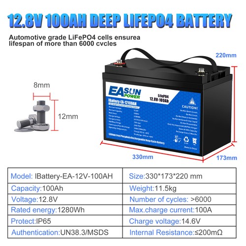 Batteria LiFePO4 100ah 12V per impianto solare camper campeggio UK-Stock - Foto 5 di 7