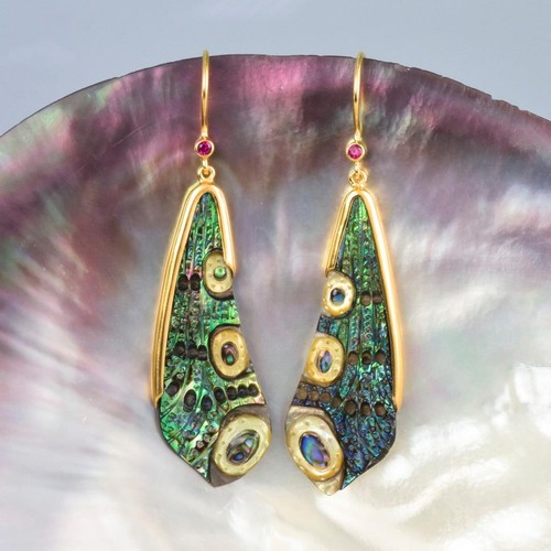 Dragonfly Wing Earrings Abalone Carving Gold Vermeil Sterling Silver Ruby 6.28 g - Picture 5 of 12