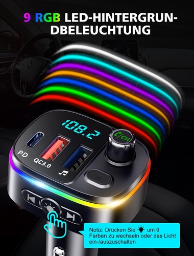 Bluetooth Adapter Auto PD 18W&QC3.0 FM Transmitter Auto 9 RGB Beleuchtungsmod... - Bild 2 von 7