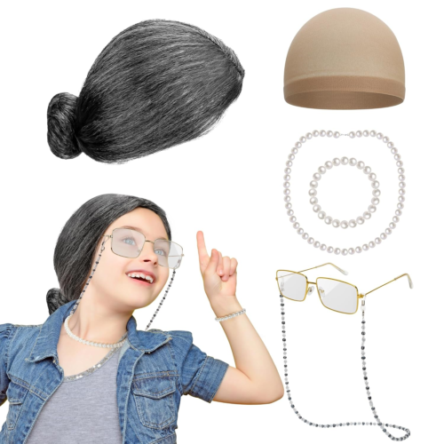 Old Lady Costume for Kids Women, 100 Days of School Black White Bun Wig Glasses - Picture 11 of 12