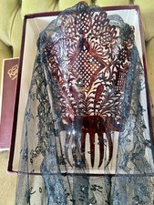 SPAINISH MANTILLA COMB W/BLACK LACE VEIL RHINESTONES W/ORIGINAL BOX FROM SEVILLA