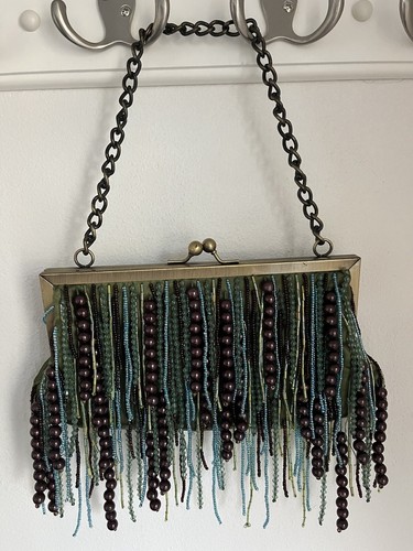Vintage Steve Madden Green Satin Fringe Bead Bag 8" x 5" Brass Clasp 6" Chain