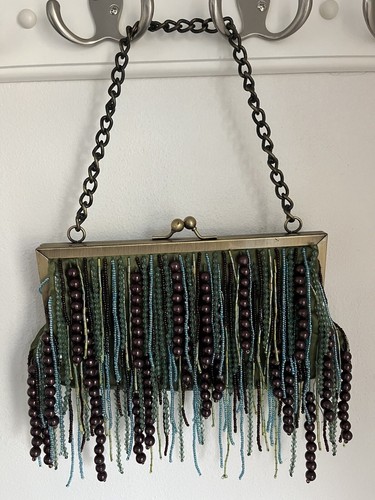 Vintage Steve Madden Green Satin Fringe Bead Bag 8