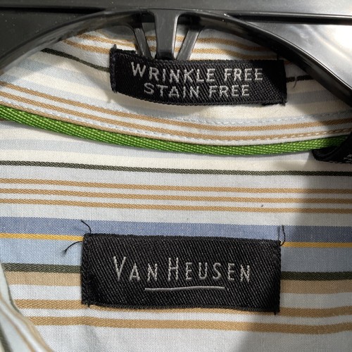 Van Heusen Button Shirt Mens XL Beige Blue Stripe Long Sleeve Cotton Collar - Picture 3 of 8