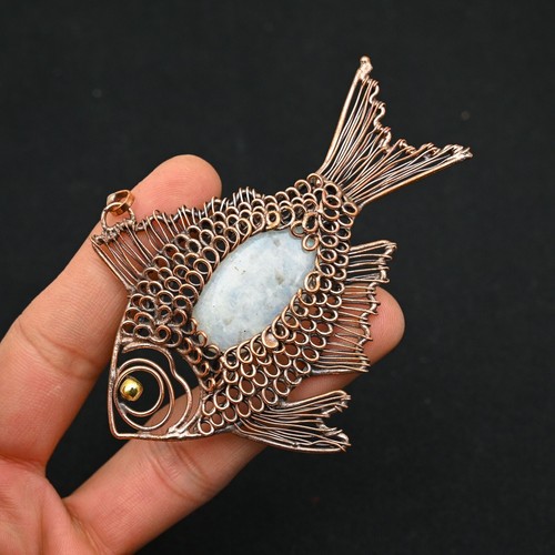 Rainbow Moonstone Copper Wire Wrapped Handmade Fish Pendant Jewelry Gift For - Foto 2 di 4