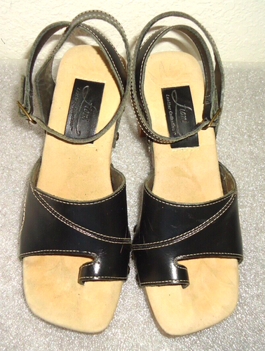 Vtg-80-90s Fioni Women's Tan Wood Chunky Heels Black Sandals Leather  Siz-6/36 - Picture 10 of 14