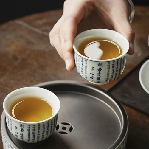 Chinese Jingdezhen Handmade Ceramic Teacup Hand Painted Heart Sutra Tea Bowl - Picture 7 of 7