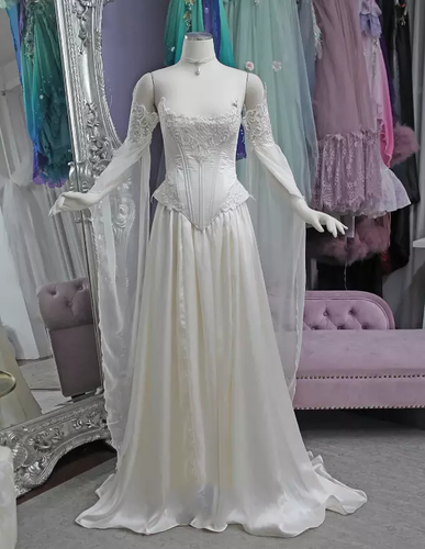 Vintage Chiffon Wedding Dresses with Cape 3/4 Sleeve Lace Applique Bridal Gown - Picture 2 of 12