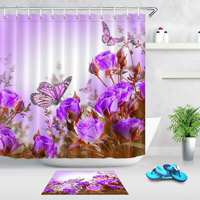 100/% Polyester Bathroom Shower Curtain Bath Mat Rug Purple Flower Butterfly 1916