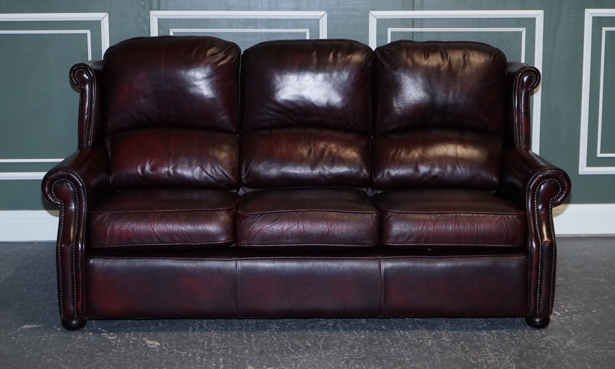 VINTAGE THOMAS LLOYD MARLOW BURGUNDY LEATHER 3 SEATER SOFA